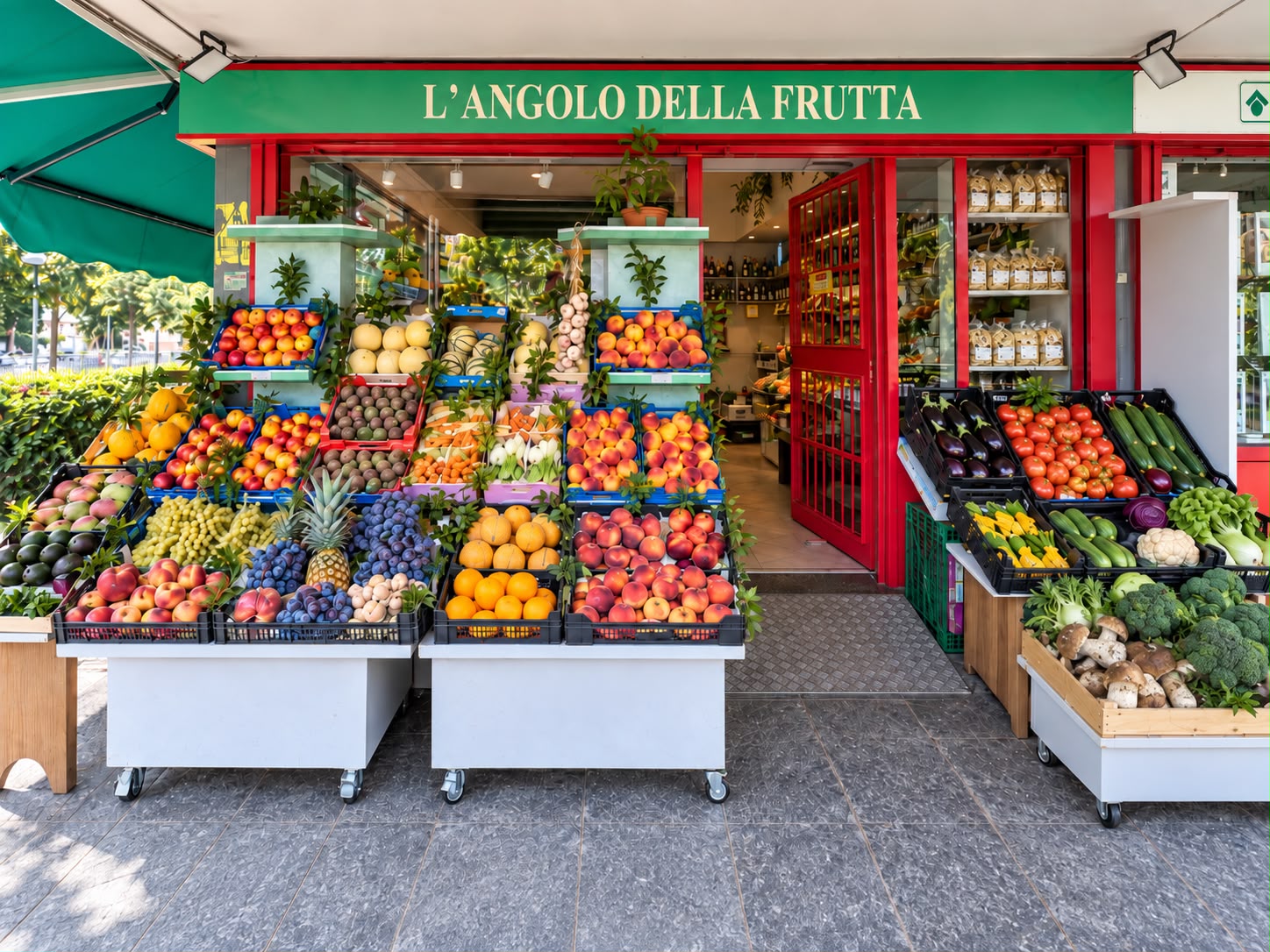 Vista frontale del negozio L'Angolo della Frutta a San Bovio, con banco espositore di frutta e verdura fresca all'ingresso