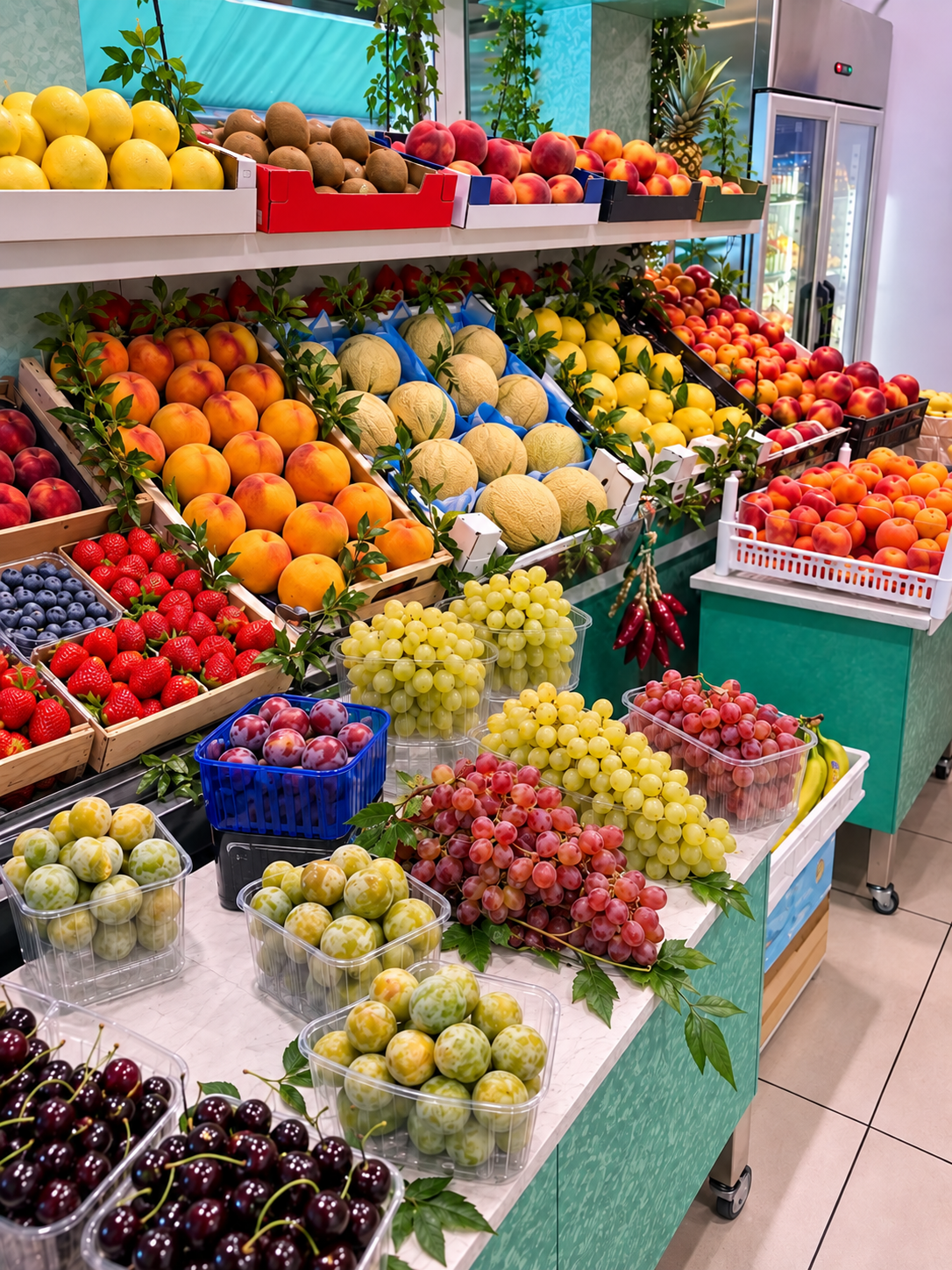 Banco frutta fresca con pesche, albicocche, meloni, uva e ciliegie a L'Angolo della Frutta