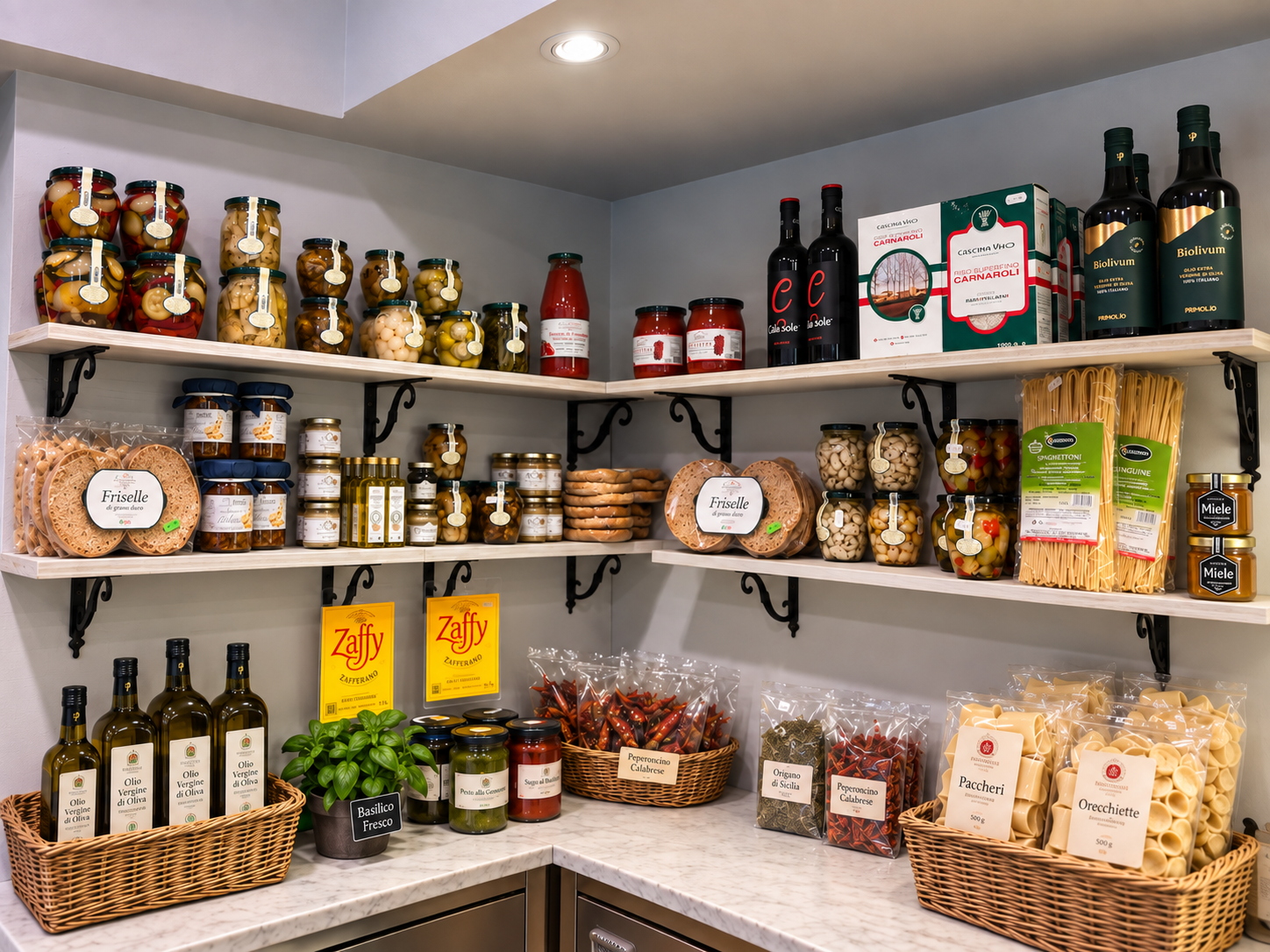 Scaffale gastronomia con olio EVO, conserve, pasta e prodotti tipici a L'Angolo della Frutta